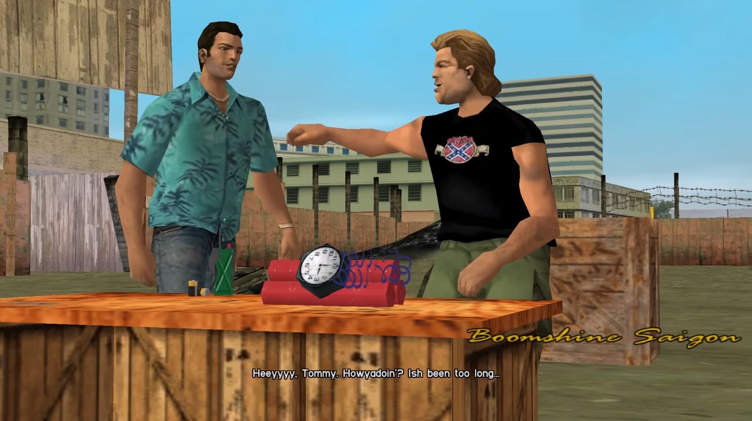 Tommy meets Phil near the end of Grand Theft Auto: Vice City.  (Screenshot: Rockstar Games / EJrM FILMS / Kotaku)