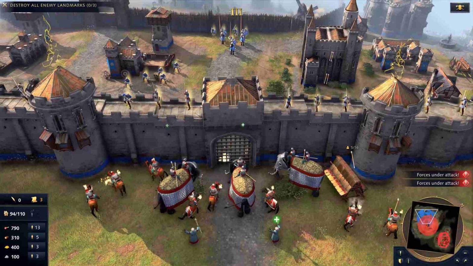 Archers on top of walls shoot at enemy elephants and rams below