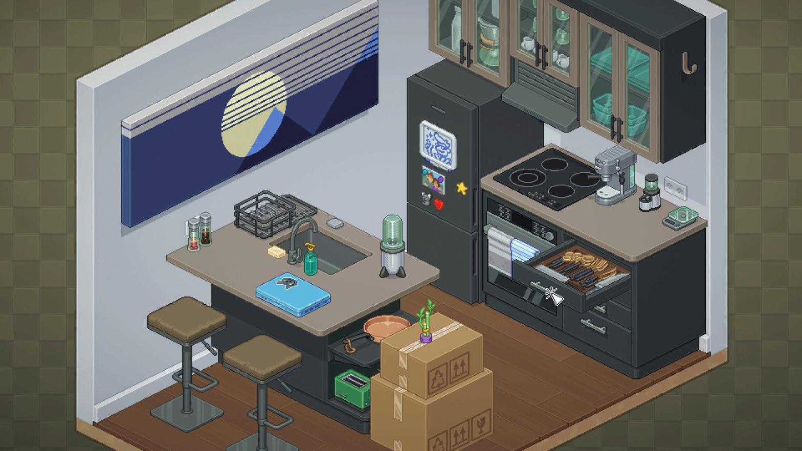 The meticulously well-curated kitchen of someone who doesn't have the time of day for anyone else. (Screenshot: Witch Beam)