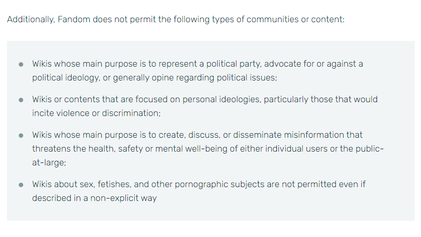 Screenshot of Fandom's community creation policy, which was updated in October. (Screenshot: Fandom / Kotaku)