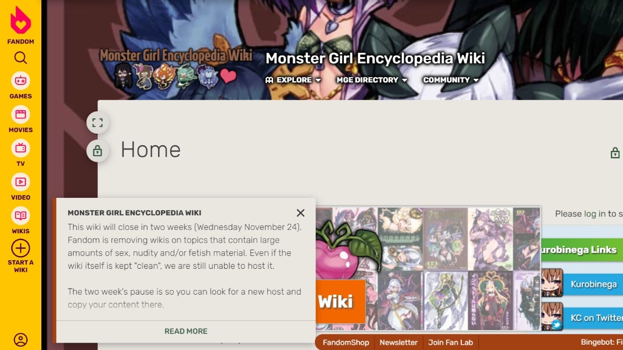Monster Girl Encyclopaedia and other wikis that have been deemed by Fandom to have violated its new community creation policy have received this pop-up message on their pages. (Screenshot: Fandom / Kotaku)