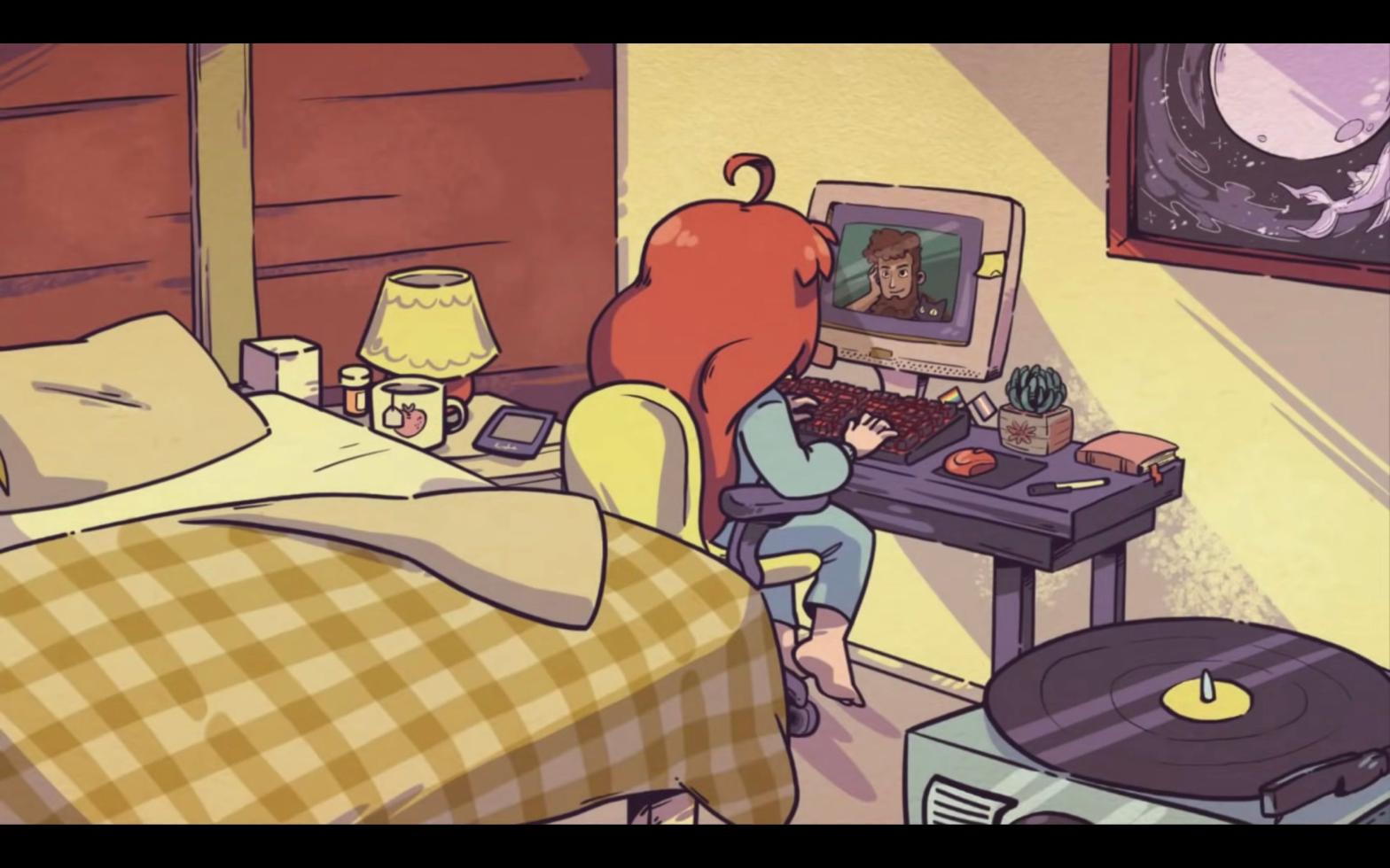 Miniature Queer and Trans Pride flags can be seen near Madeline's keyboard in this image from the ending of Celeste's Chapter 9 update. (Screenshot: Extremely OK Games)