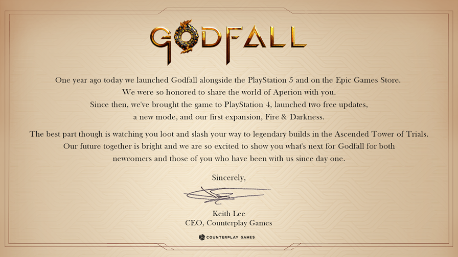 Counterplay sent out this letter to players on Godfall's first anniversary.  (Image: Counterplay Games)
