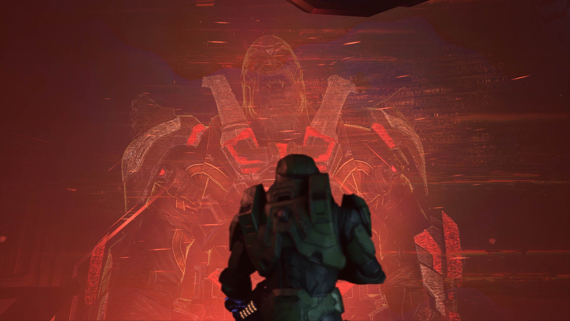 Escharum mostly talks to Chief via fuzzy holograms that exaggerate his stature. (Screenshot: 343 Industries)