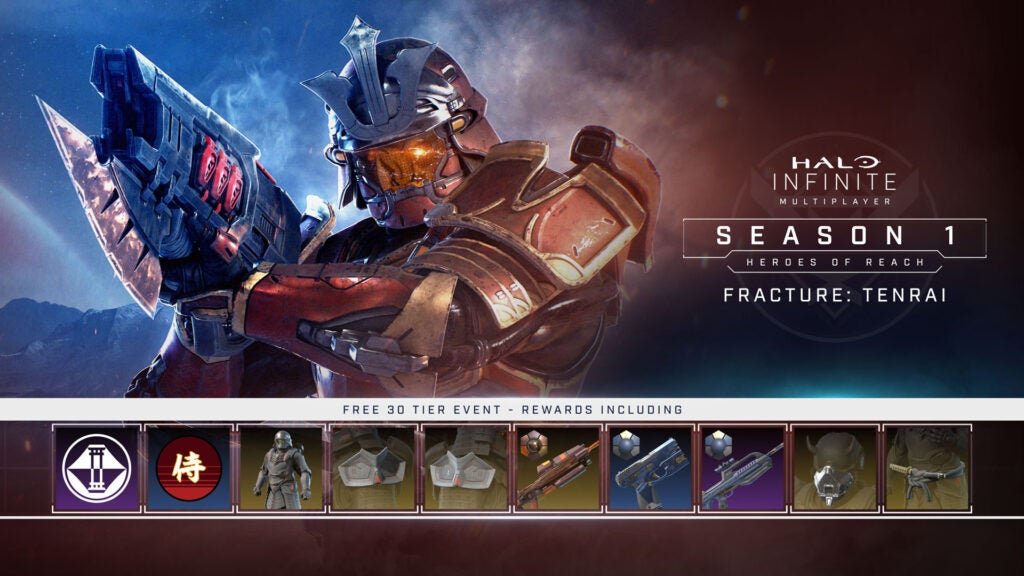 Promotional art showing items included in Tenrai's battle pass, some of which were unattainable in November. (Image: 343 Industries)