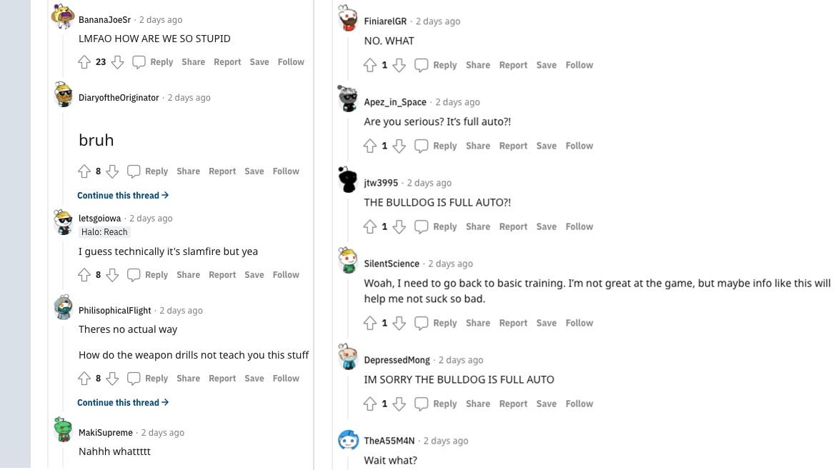 A small sampling of Halo Infinite players losing their minds over the bulldog's auto-fire mode. (Screenshot: Reddit / Kotaku)