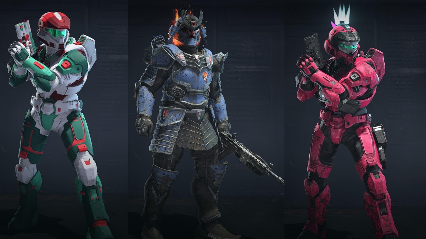 Brown Jr.'s lookbook, showing (from left) kits styled with rewards from the Winter Contingency, Fracture: Tenrai, and Cyber Showdown events. (Screenshot: 343 Industries / Romance Brown Jr.)
