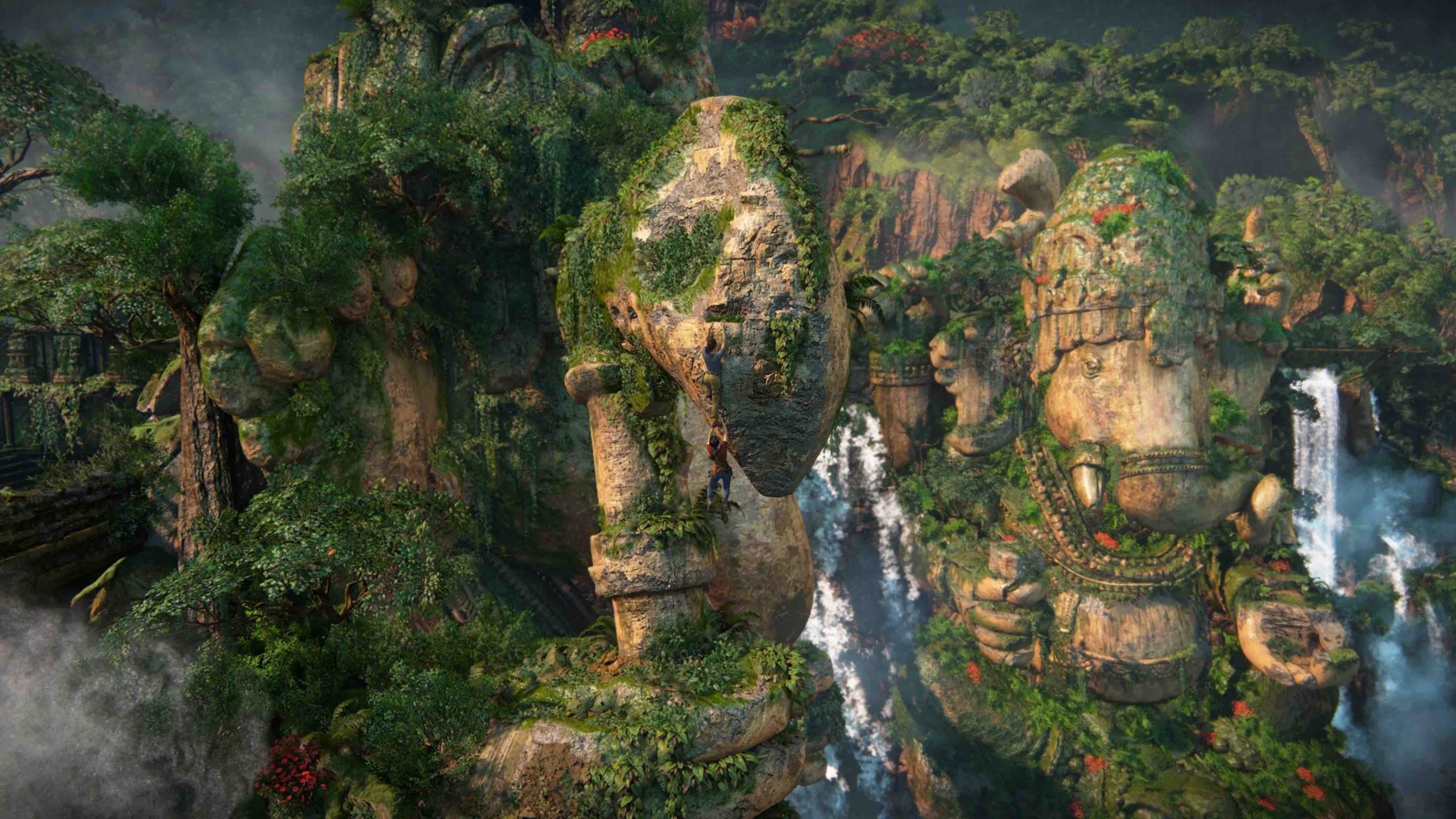 Lost Legacy's climbing sections are often staggering in scale (look close to see the heroes). (Screenshot: Sony / Kotaku)