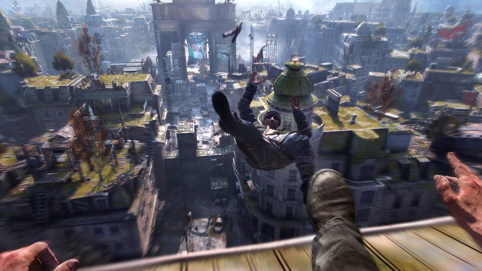 The dude falling? That's me. The dude kicking? That's Dying Light 2's Normal difficulty. (Image: Techland)
