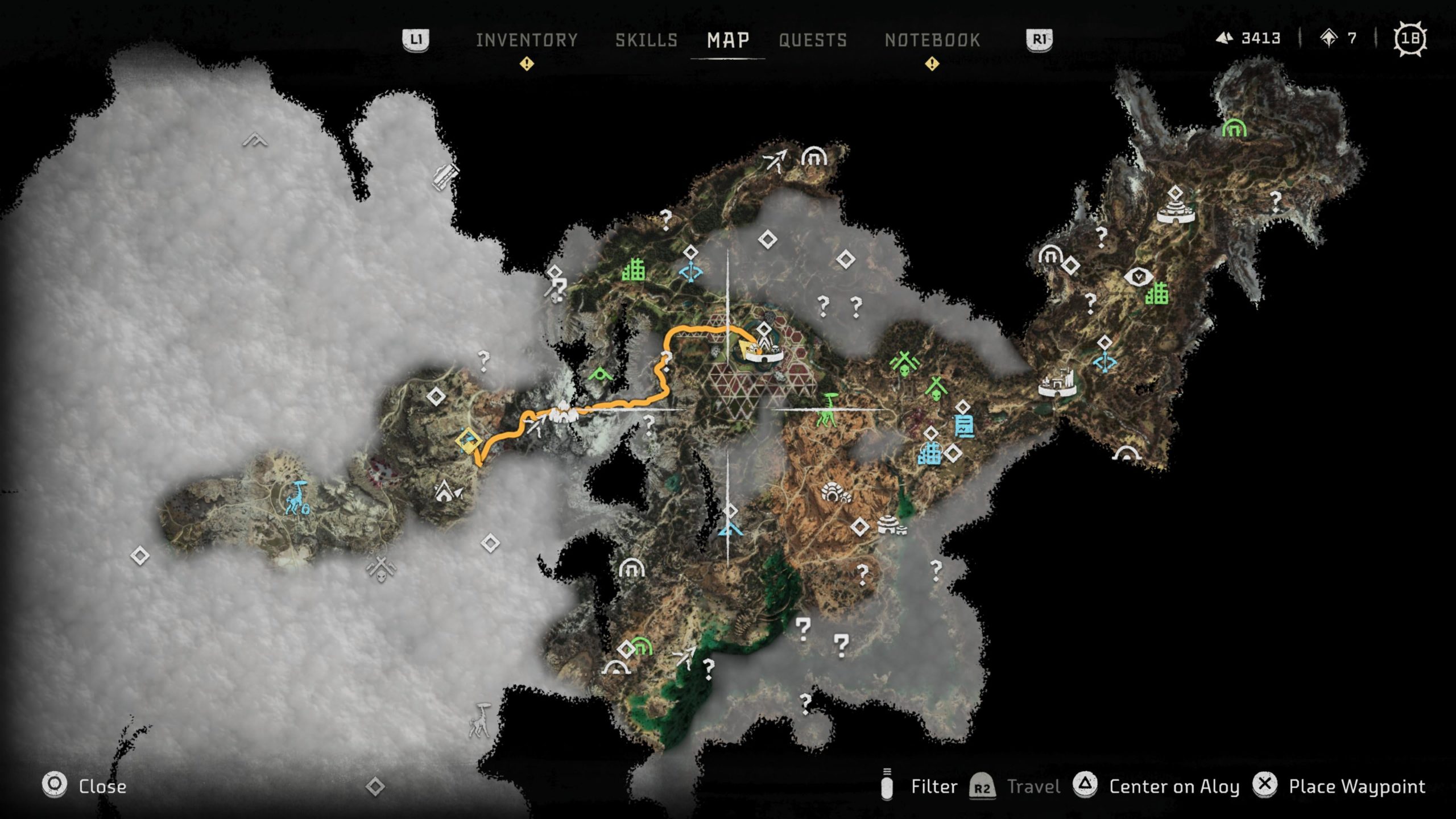 This is just part of Forbidden West's map, all the way zoomed out. The entire thing can't fit in one screenshot. (Screenshot: Sony / Kotaku)