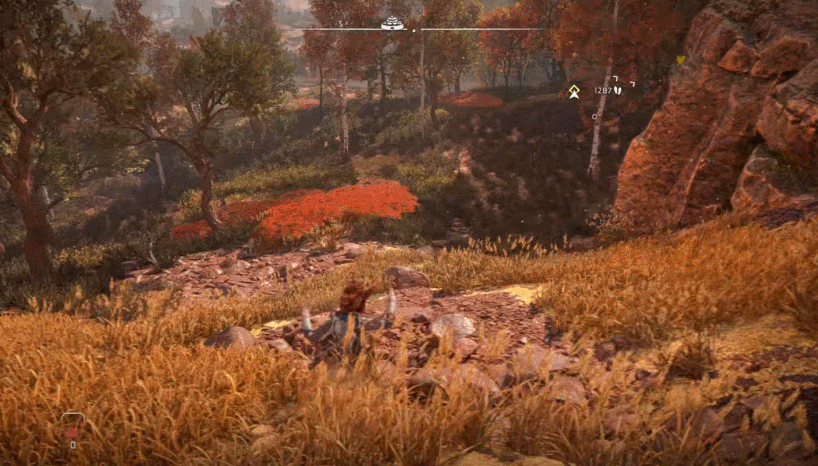 Aloy sliding down a hill on PS5 in performance mode.  (Gif: Guerrilla Games / Sony / Kotaku)