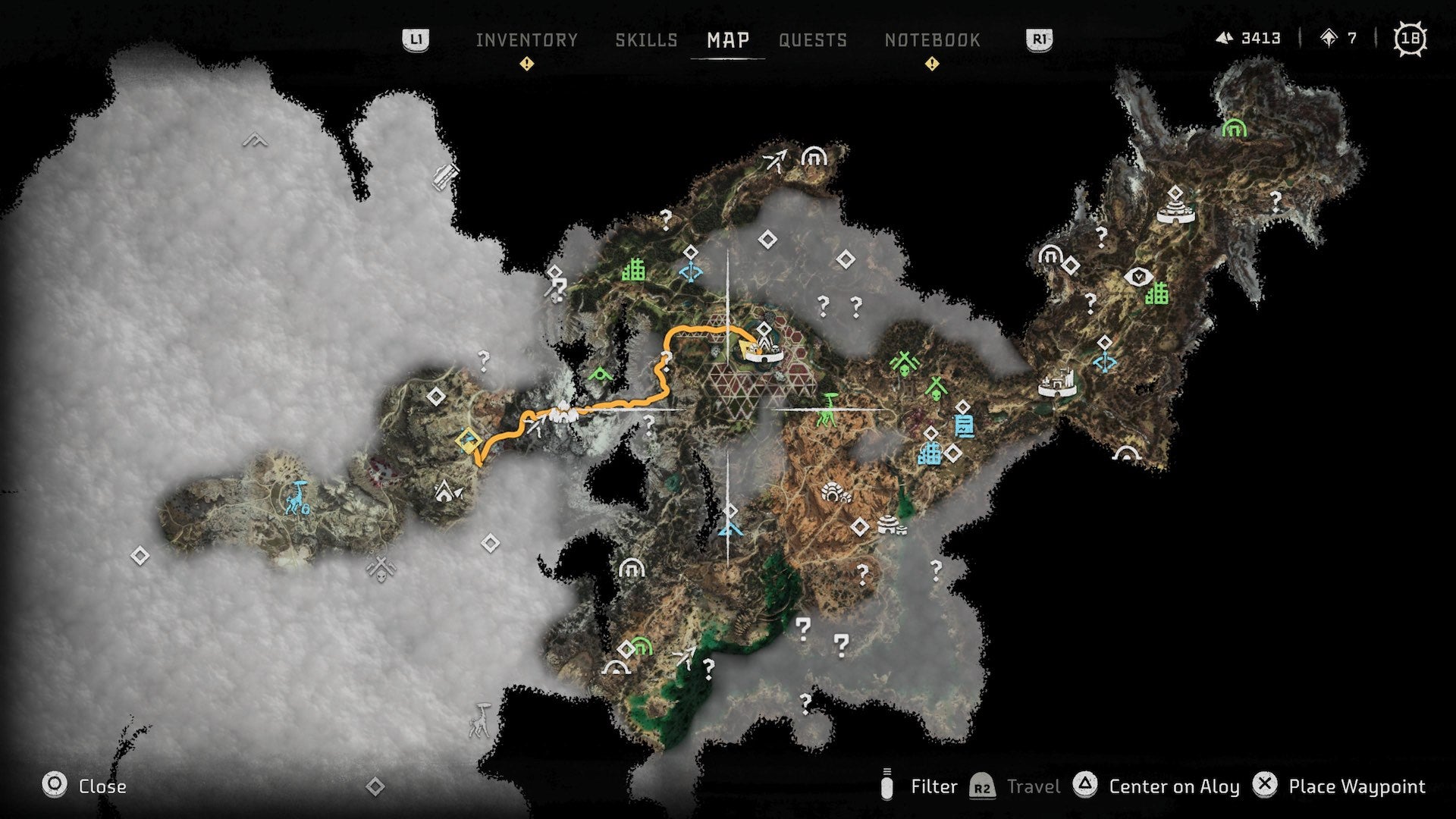 Horizon Forbidden West's map is too big to fit into one screenshot. (Screenshot: Sony / Kotaku)
