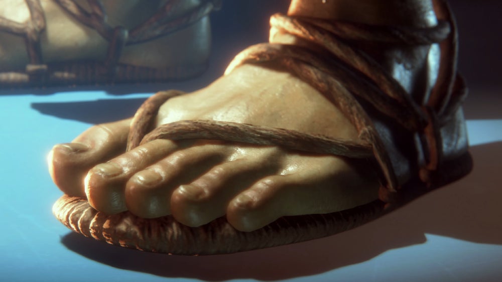 Ryu wears straw tie-on Japanese sandals.  (Screenshot: Capcom/Ian Walker/Kotaku)