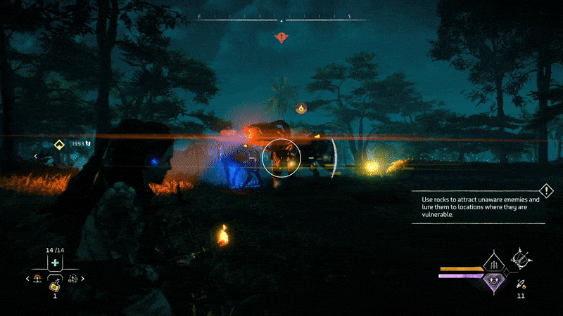 A showcase of how quickly the firestorm warrior bow can light a machine on fire. (Gif: Sony / Kotaku)