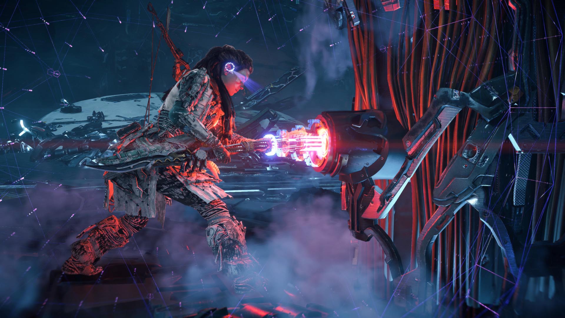 Cauldrons are platforming-centric dungeons broken up by combat encounters...and weird future-techno doors that only open for Aloy's future-techno spear. (Screenshot: Sony / Kotaku)