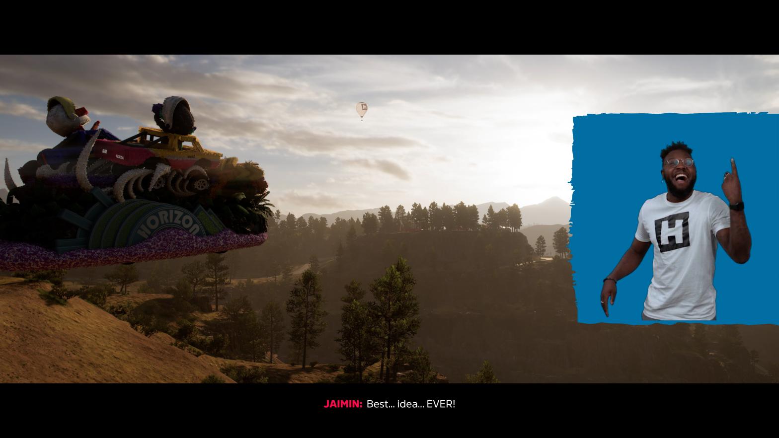 Forza Horizon 5 BSL sign language interpreter signs "Best Idea Ever" while a parade float jumps off a cliff