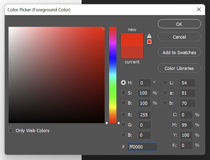 Photoshop's colour picker, with #FF0000, the reddest of the reds, shown