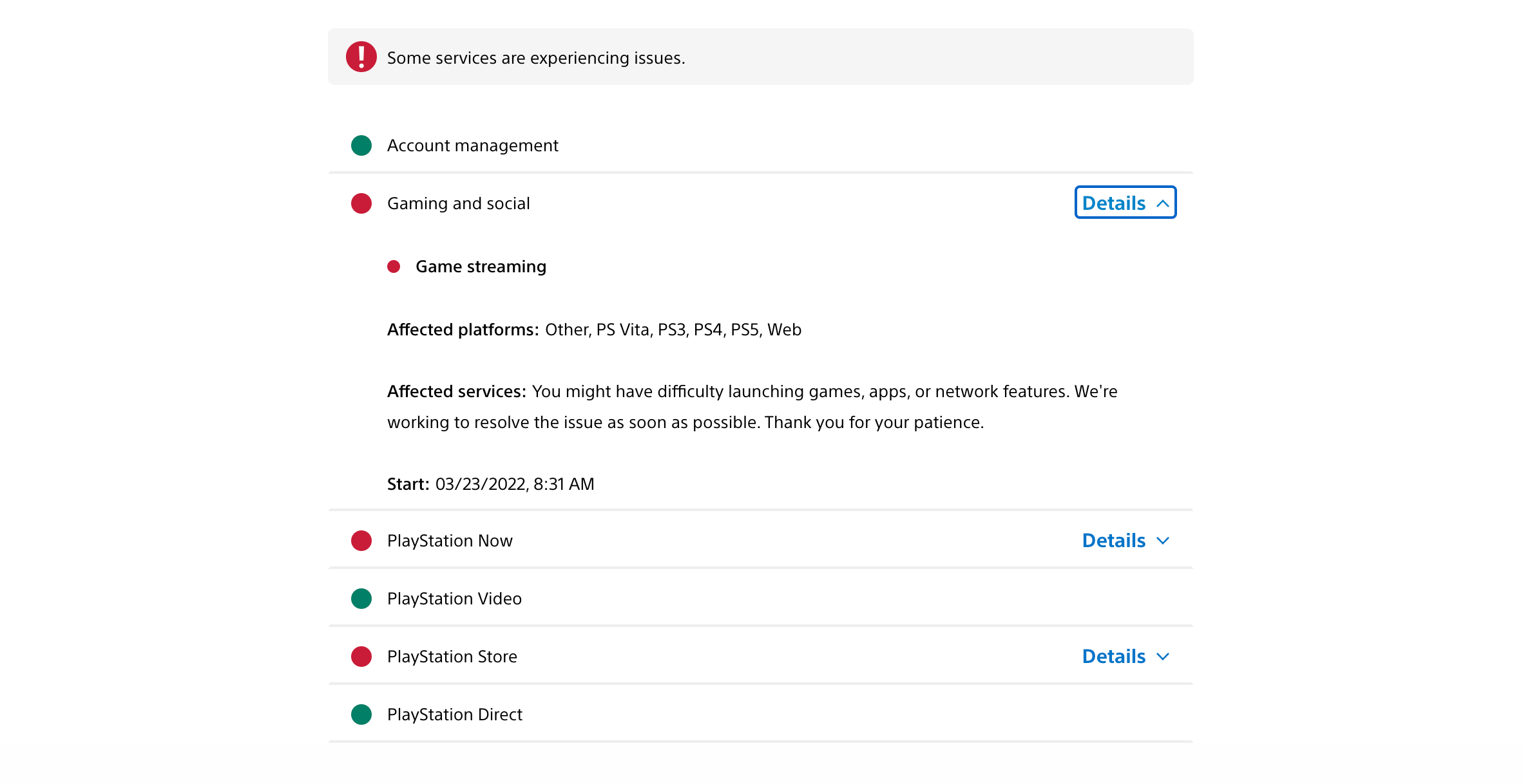 A snapshot of Sony's online service status from Wednesday morning. (Screenshot: Sony / Kotaku)