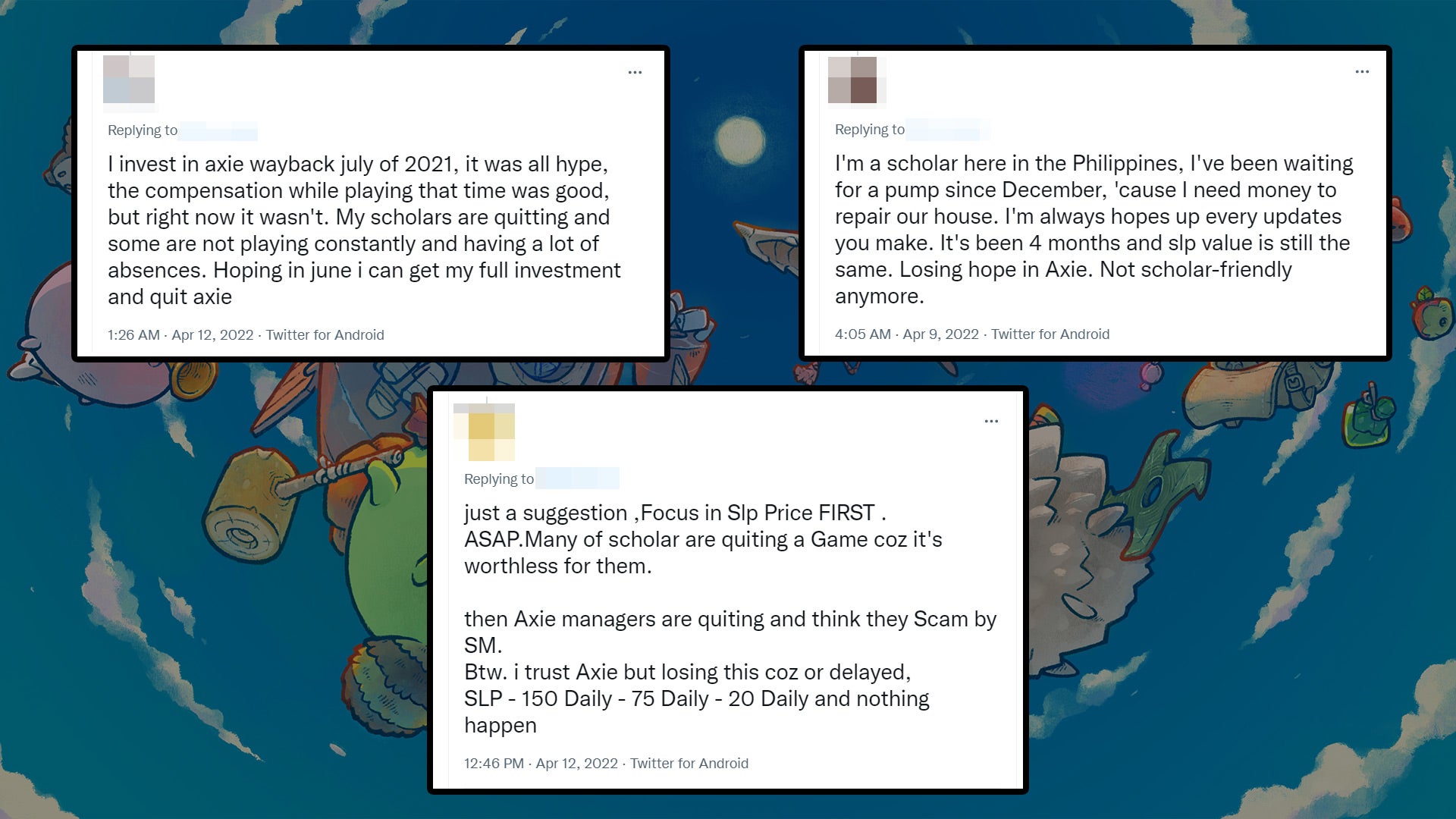 A sampling of recent Axie Infinity player tweets show rising discontent from both 'scholars' and 'managers.' (Image: Sky Mavis / Kotaku)