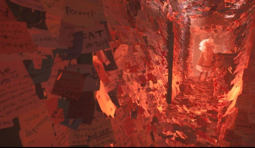 A leaked Silent Hill image from sleuther Dusk Golem showing some girl standing at the end of a very red, sticky note-lined hallway, maybe hinting that she is a central character to the game's story. (Image: Konami / Dusk Golem / Silent Hill / Kotaku)