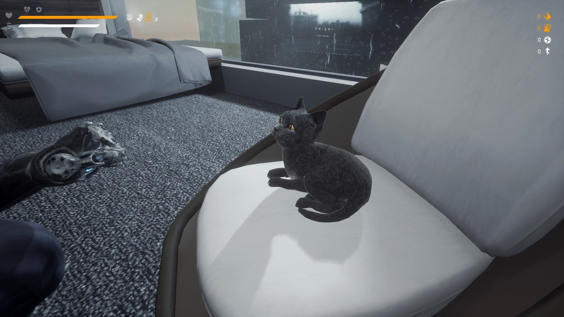 Petting the cat in Loopmancer gives you gameplay rewards, other than petting the cat.  (Screenshot: eBrain Studio / Kotaku)