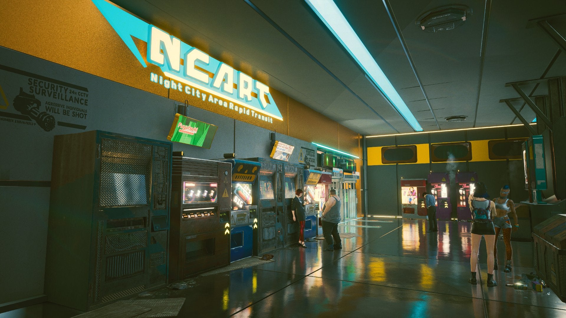 Straphangers hang out in one of NCART's city centre stations. (Screenshot: CDPR / Kotaku)