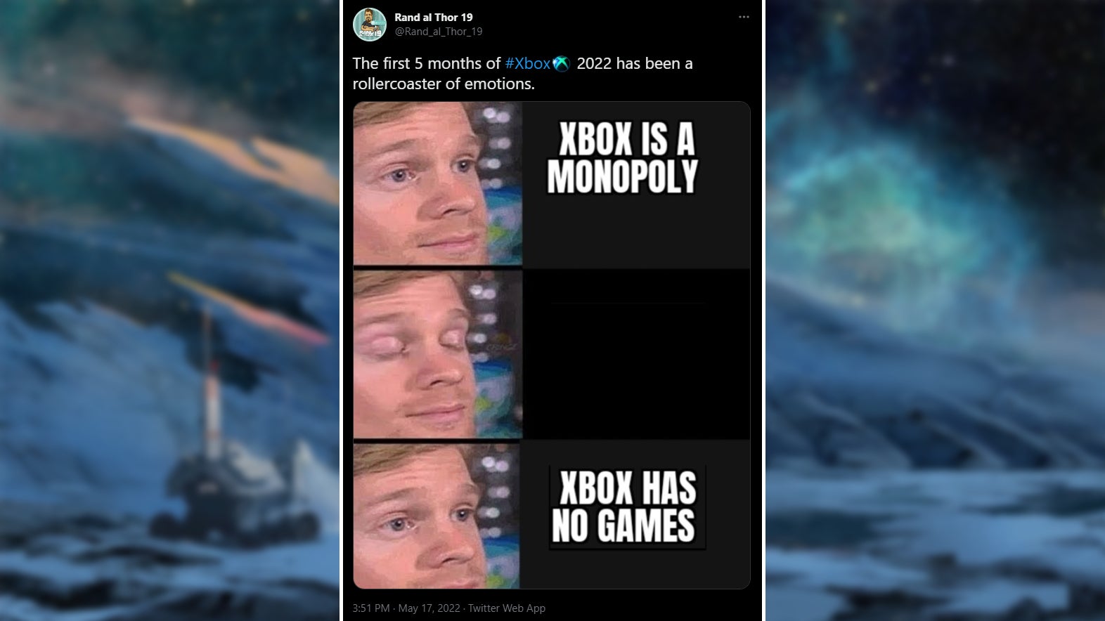 A Twitter user's meme captures fans' shifting sentiment toward Xbox. (Image: Bethesda / Kotaku / Rand al Thor 19, Fair Use)