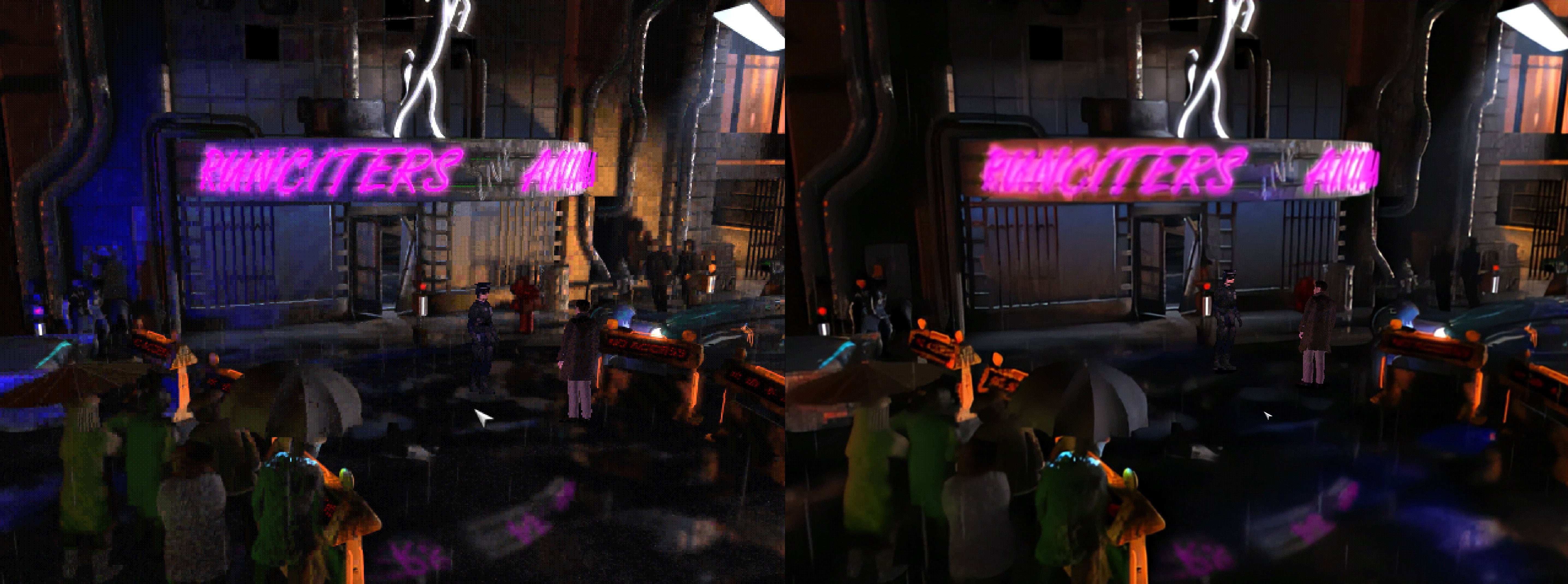 The original game is on the left, with the Enhanced Edition on the right. Notice how much character is lost by smudging out things like the lighting and weather effects (and the fact you can no longer read the flashing red street sign) (Screenshot: Blade Runner | Kotaku)