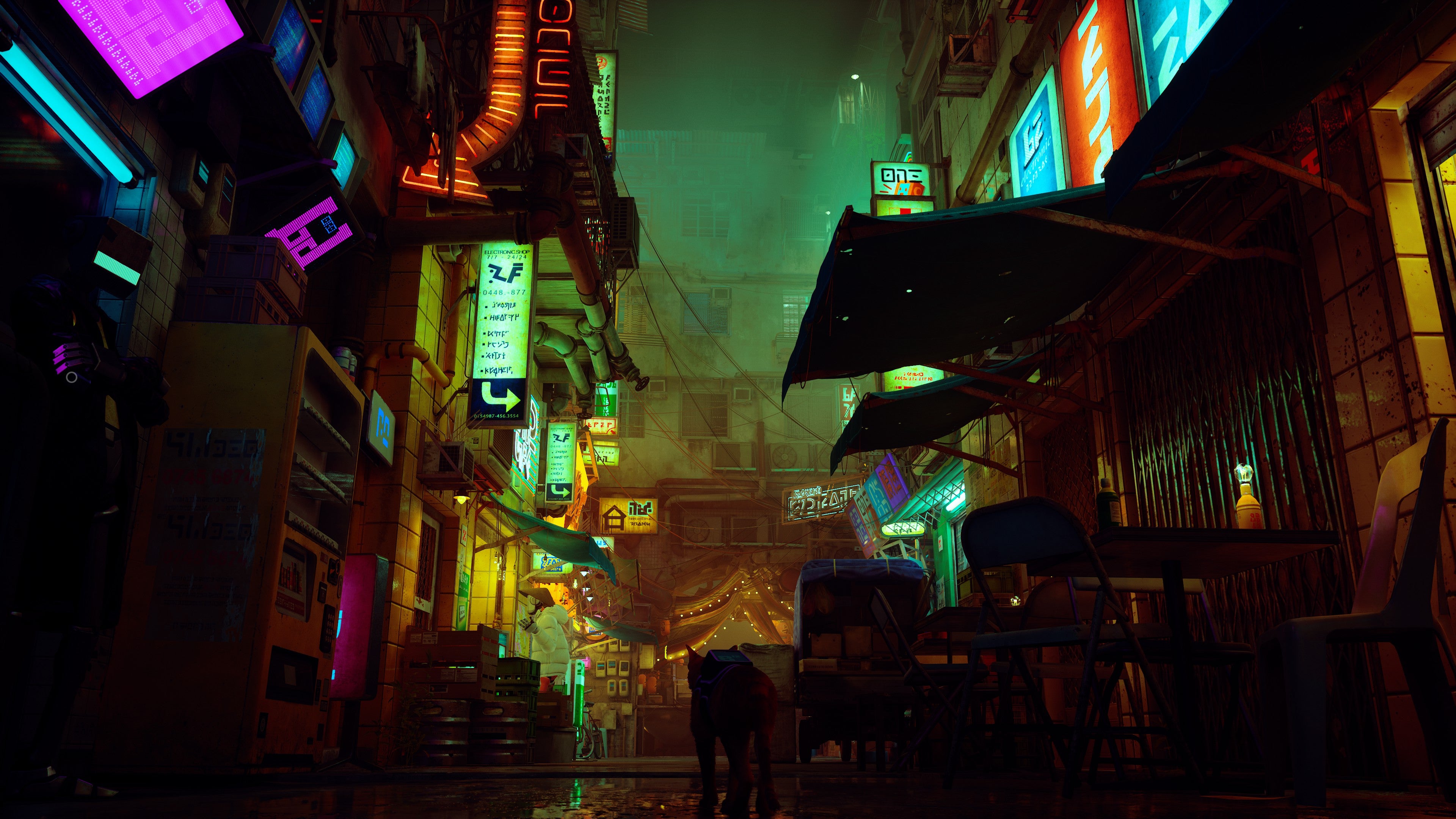 The gorgeous lighting of Stray's Midtown (Screenshot: Stray / Kotaku)