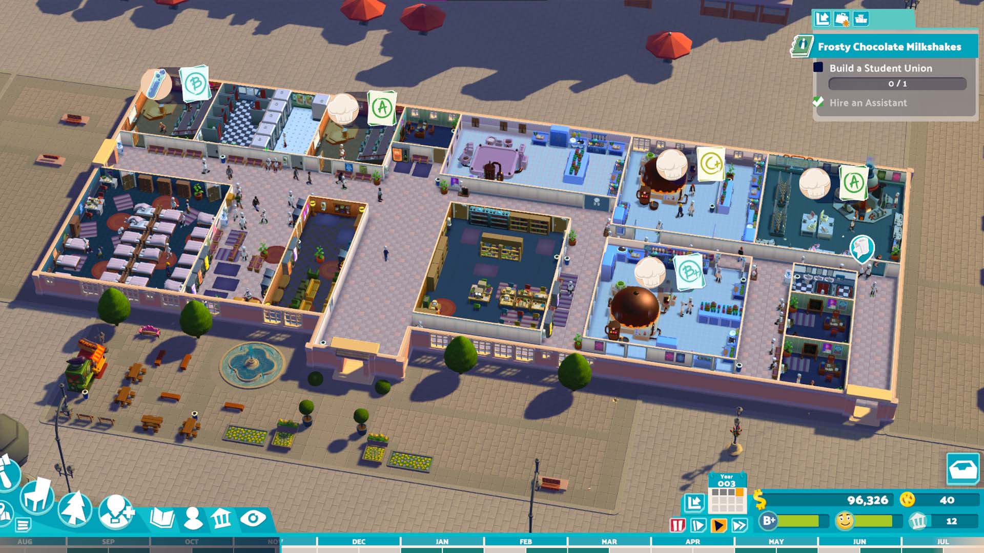 Laying out your campus becomes an exercise in managing space and function.  (Screenshot: Two Point Studios / Kotaku)