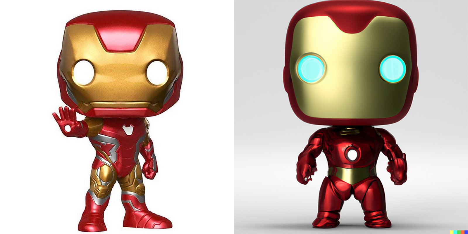 On the left is an actual Iron Man Funko Pop, while on the right is an AI-generated image of a 'Funky Pop', part of a package of prompts currently for sale — alongside obvious Yoda and Darth Vader copies — on PromptBase (Image: Funko / PromptBase)