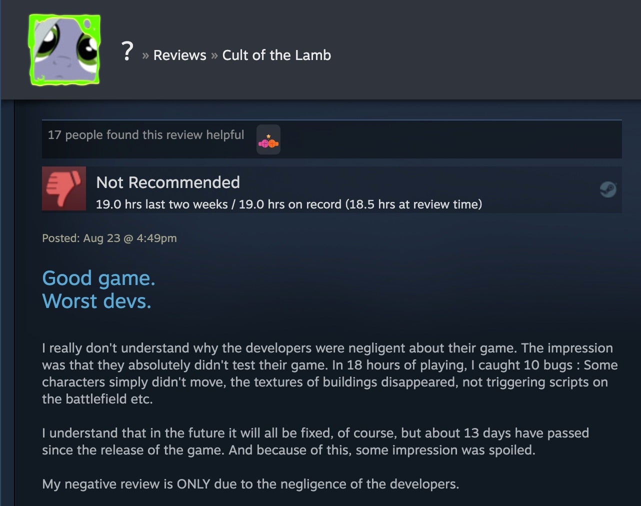 Cult of the Lamb on X: If you encounter issues, please report them at  these two places! On Steam, go to the tech-support section of the  Discussions tab.  For consoles, please