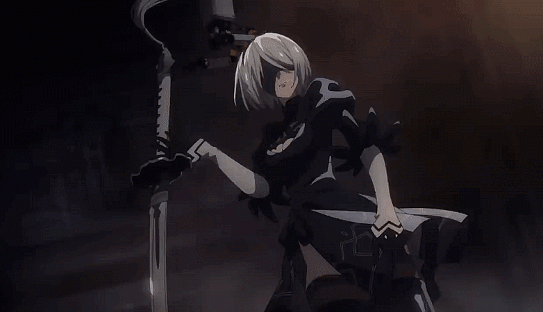 2B continues to carry the weight of the world on her hips. (Gif: A-1 Pictures/ PlatinumGames / Kotaku)