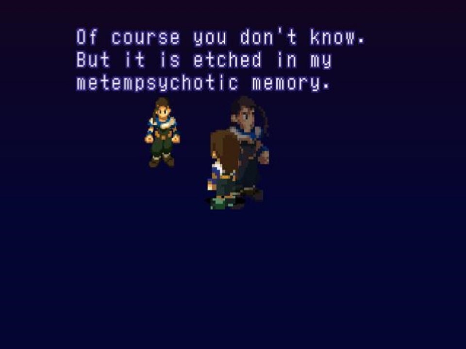Most of Xenogears' original English localisation team abandoned the project early on because of its esoteric script, leaving translator Richard Honeywood to do much of the work himself. (Screenshot: Square Enix)