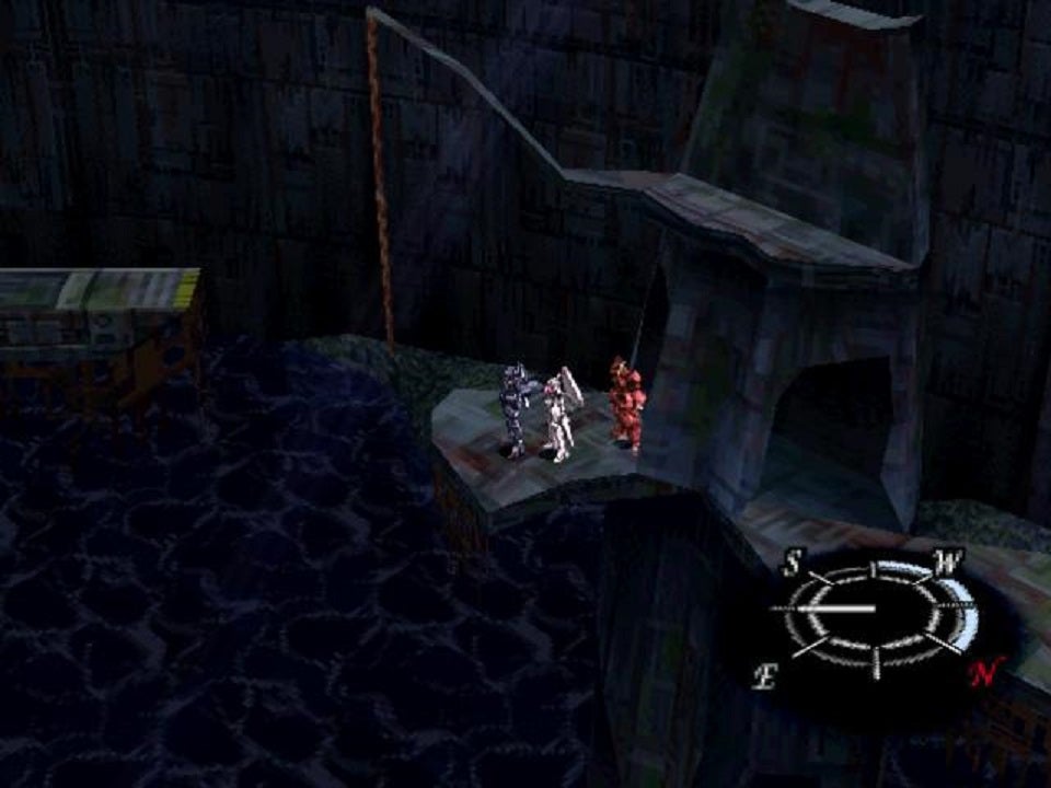 Babel Tower, one of Xenogears' more infamous platforming segments. Note the compass in the corner, which denotes the player's orientation in 3D space. (Screenshot: Square Enix)