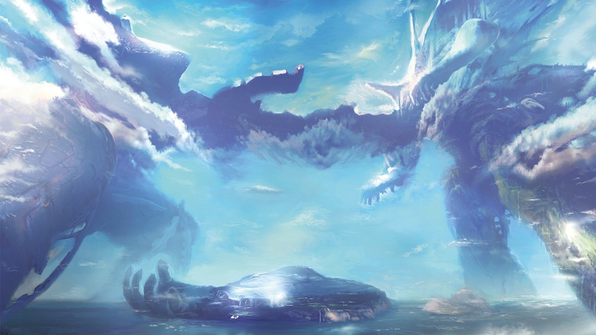Concept art for Xenoblade Chronicles, featuring the titans Bionis and Mechonis, the bodies of which comprise the game's overworld. (Illustration: Monolith Soft / Nintendo)