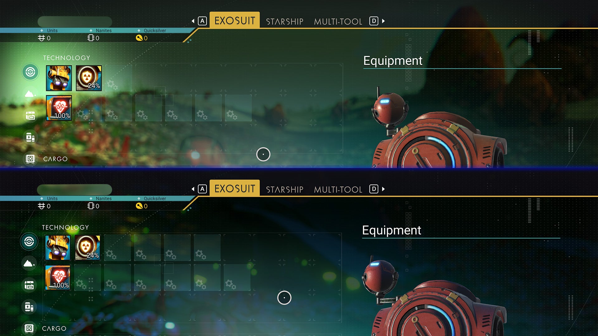 Pictured: Above is the more limited inventory of the current build. Below reveals the expanded slots in the experimental version. (Image: Hello Games / Kotaku)