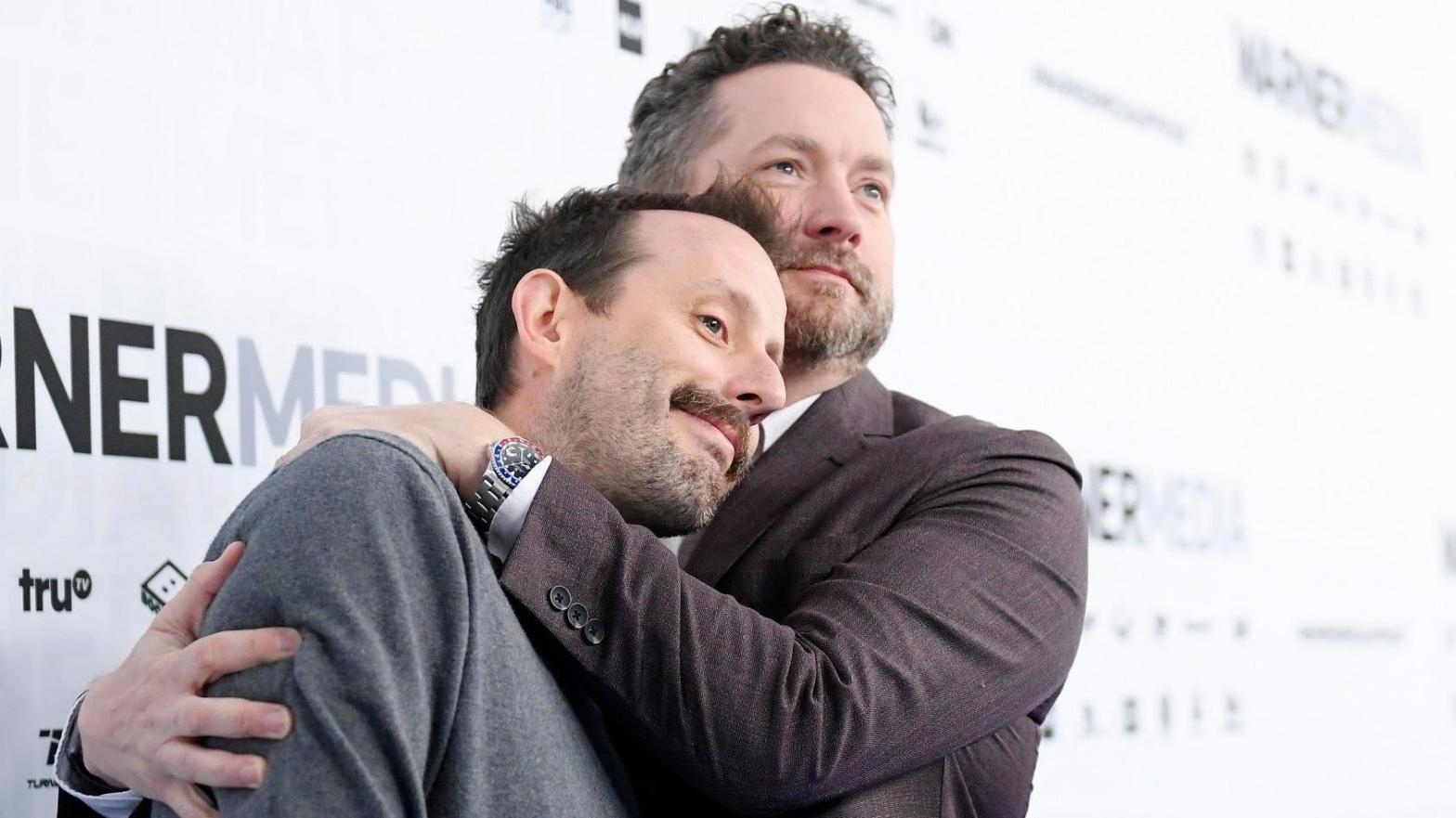 Rooster Teeth co-founders Burnie Burns and Geoff Ramsey attend a Warner Bros. event in 2019. (Photo: Mike Coppola, Getty Images)
