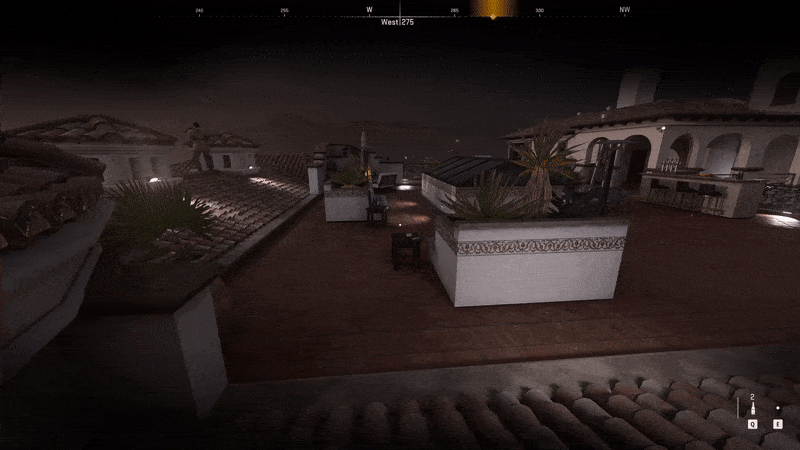 This is one of the more reliable paths to take on the roof. Don't miss the two bottle throws to help keep the guards busy. One on the left, one on the right.  (Gif: Activision / Kotaku)