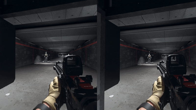 The image on the right side uses weapon tuning to compensate for a slower aim-down-sights speed. (Gif: Activision / Kotaku)