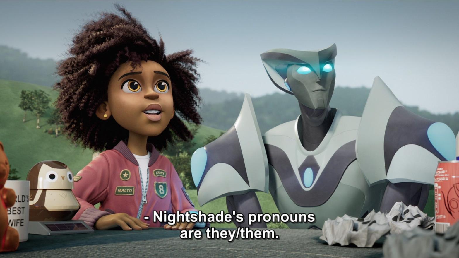 Transformers: EarthSpark finally adds a nonbinary Transformer to the franchise's roster. (Screenshot: Paramount Plus / Nickelodeon / Kotaku)