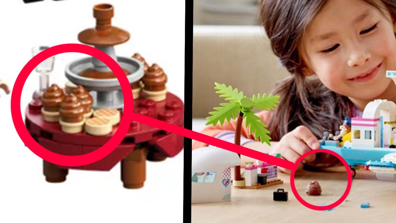 Left: The poop piece being used as a cupcake, Right: The poop piece as dog crap in a Friends set.  (Image: Lego / Kotaku)