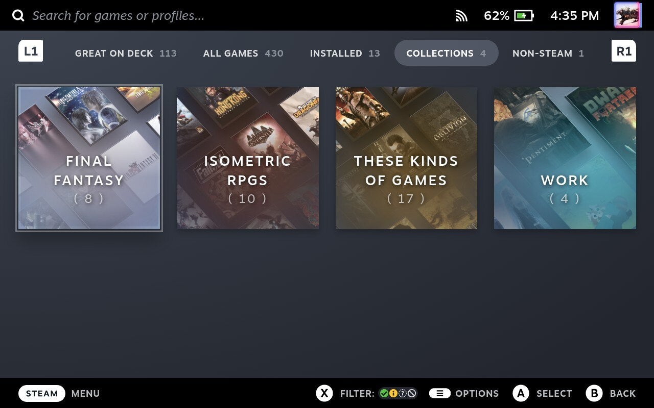 You can sort your Steam library into helpful (or unhelpful) categories, genres, or whatever makes sense to you. (Screenshot: Valve / Kotaku)