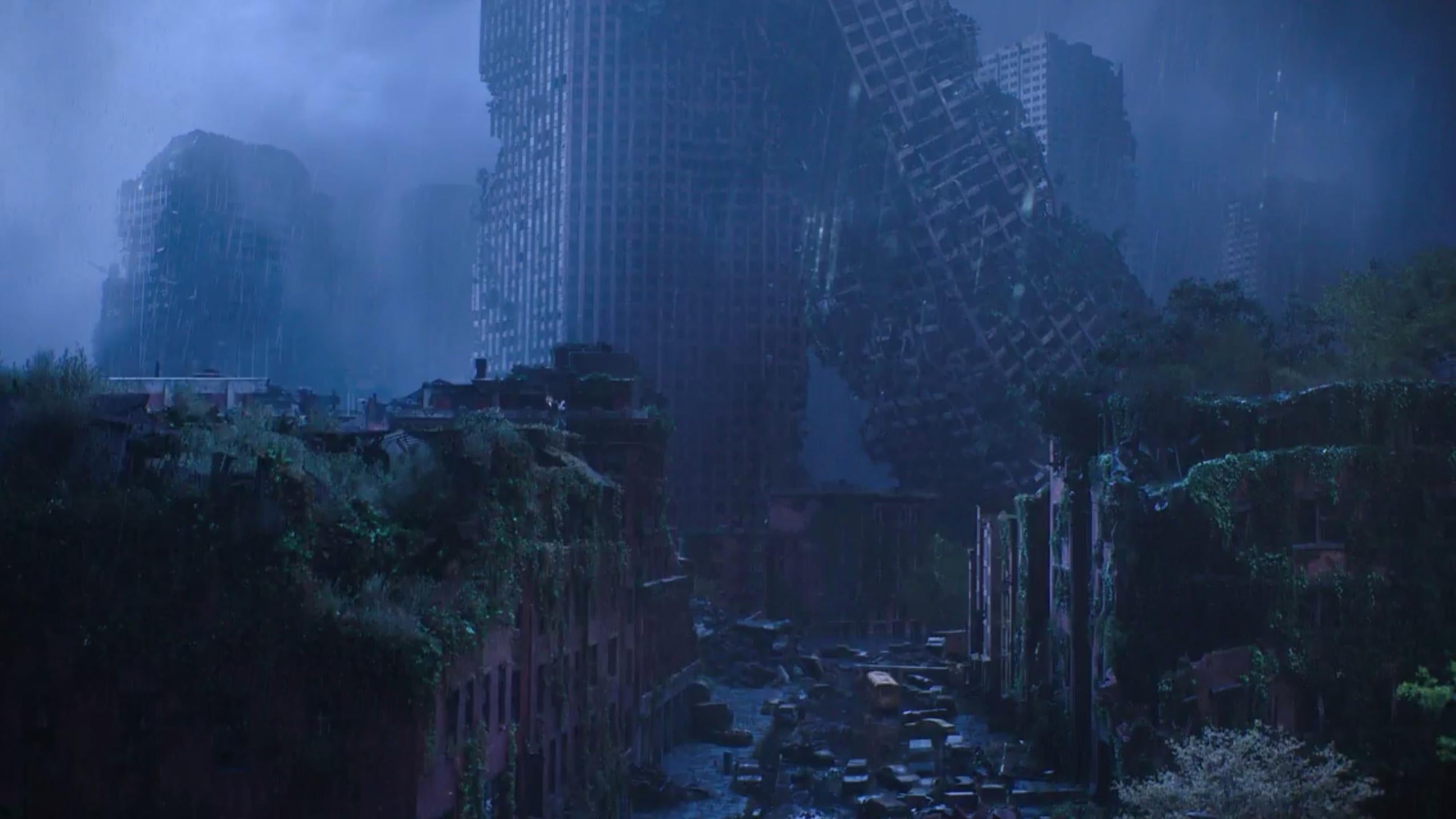 And here's the leaning skyscraper image as it appears in the final moments of the first episode. (Screenshot: HBO)