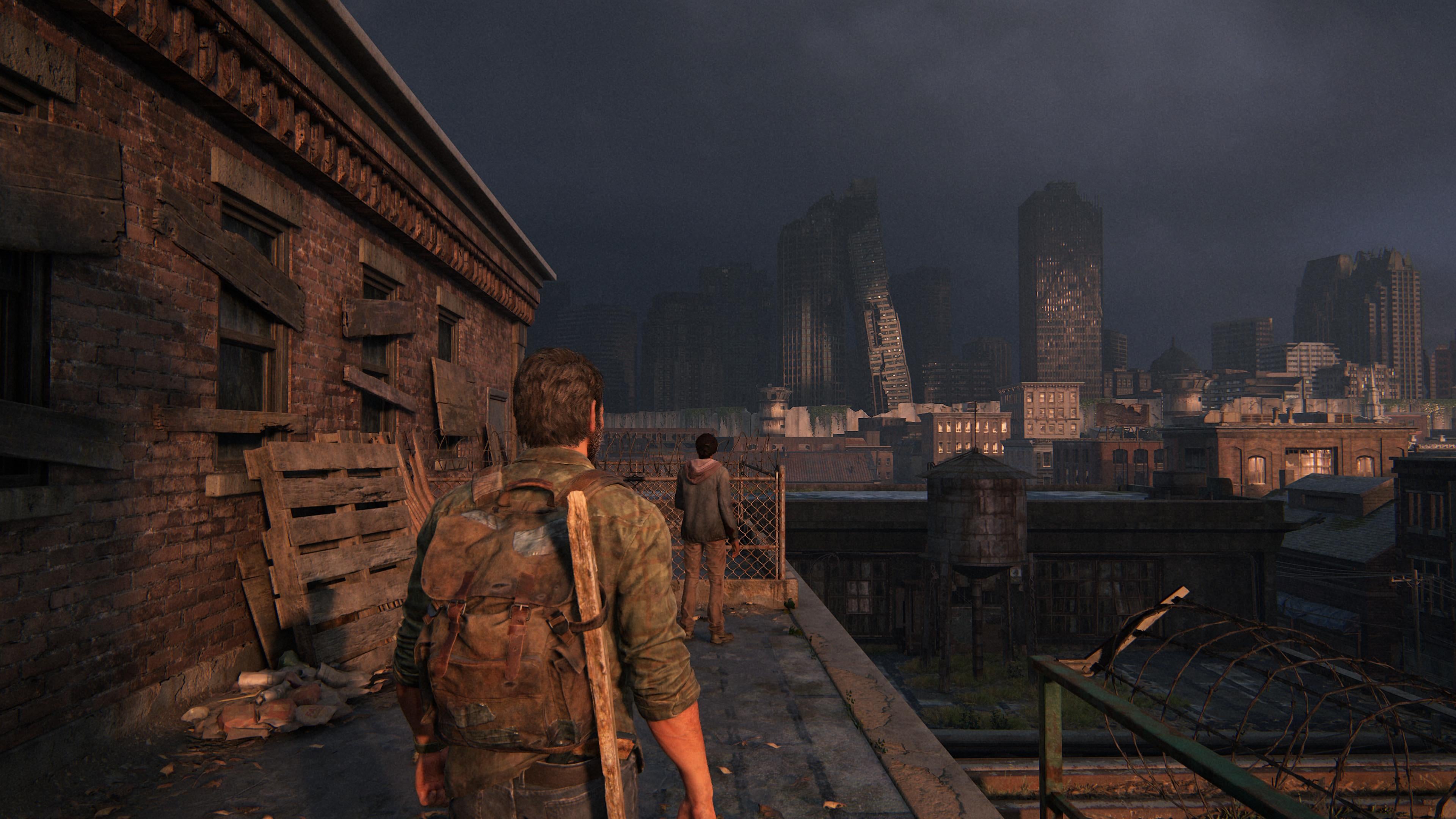 Note the sight of one skyscraper leaning against another in the distance in this image from early in the game. (Screenshot: Naughty Dog)