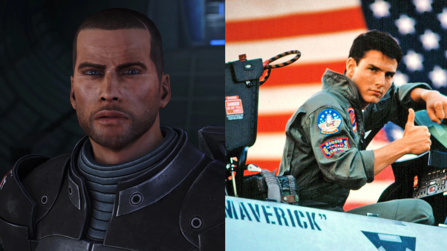 Mass Effect and Top Gun have had the same text intro all along. (Image: BioWare / Paramount / Kotaku)
