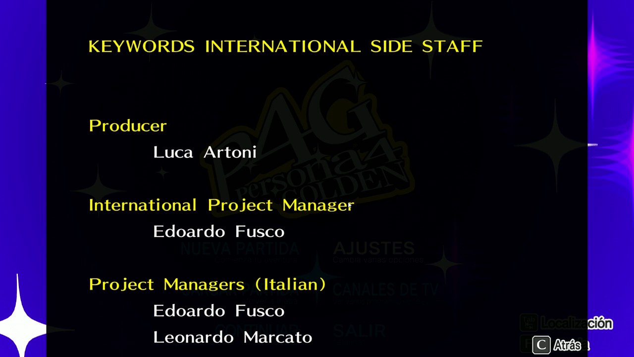 These are the only people credited for Persona 4 Golden's Italian localisation, even though it took a whole team to actually translate and re-write the dialogue (Screenshot: Persona 4)