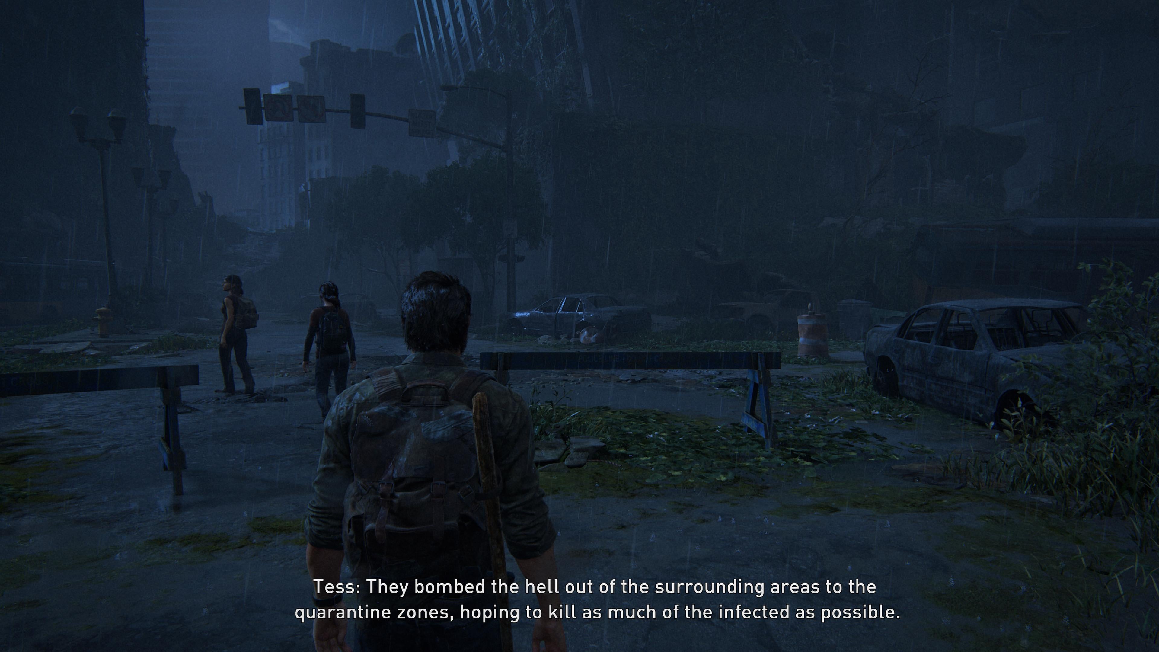 In both the game and the show, this stretch sees Tess telling Ellie about how cities were bombed in an effort to mitigate the spread. (Screenshot: Naughty Dog)