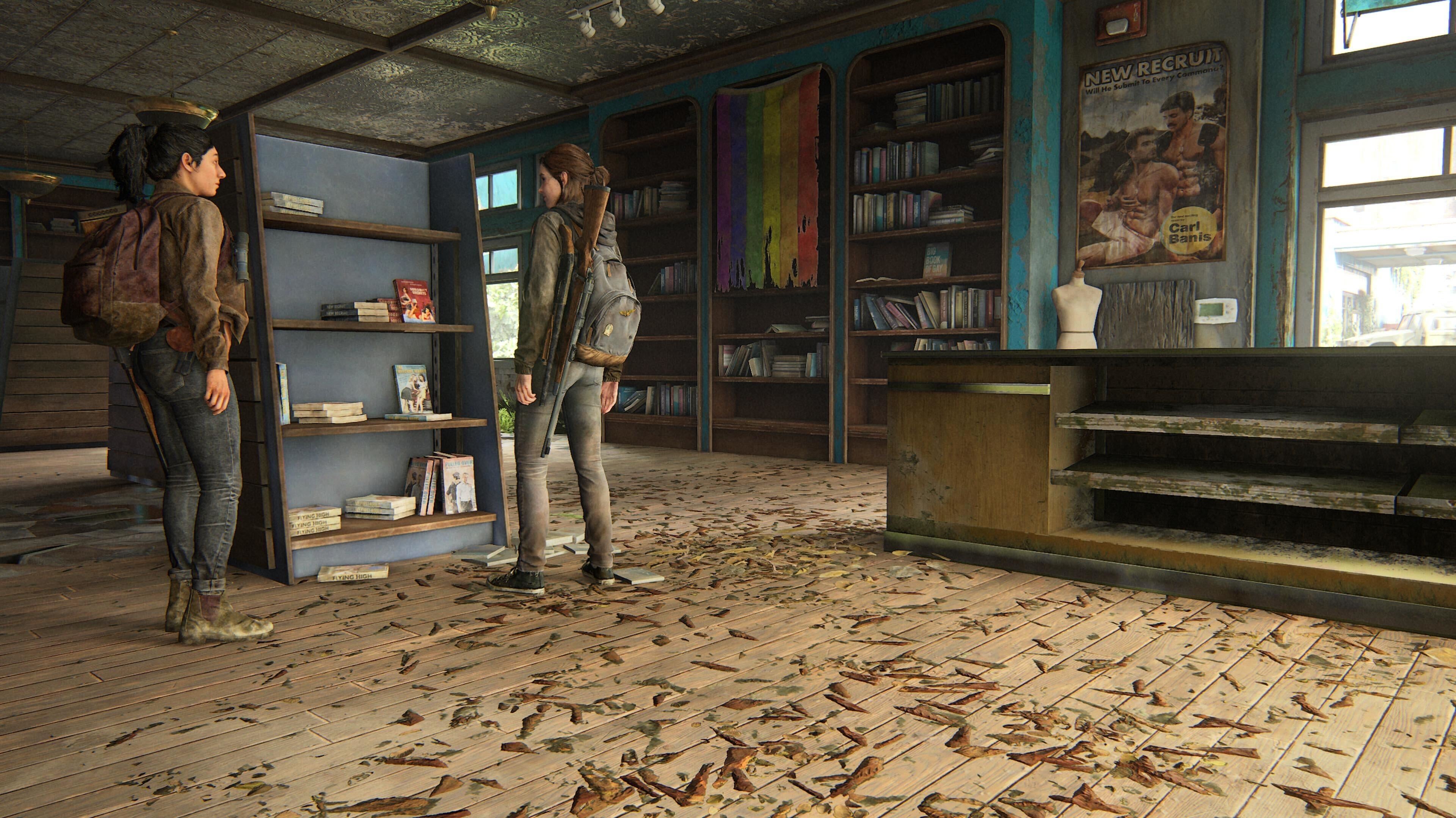 Dina and Ellie walk through a queer bookstore in Seattle, but neither of them seem to know the significance of where they stand. (Screenshot: Naughty Dog / Kotaku)