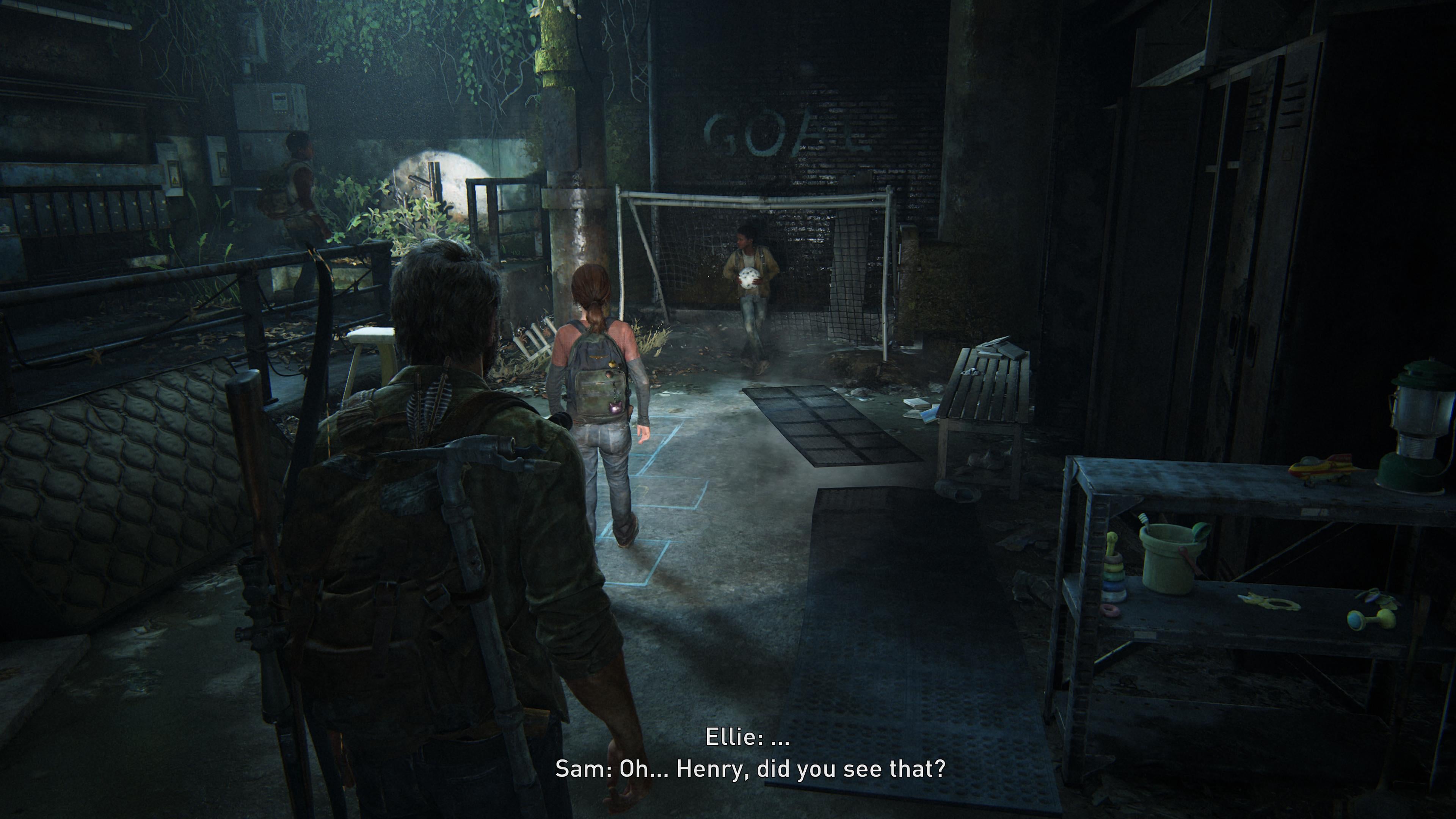 Ellie and Sam play soccer in the game in a moment referenced in the show. (Screenshot: Naughty Dog / Kotaku)